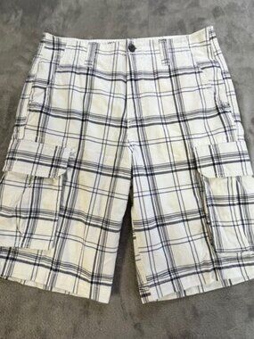 Old Navy Mens Plaid Cargo Shorts White Navy Blue Cotton Size 31 New